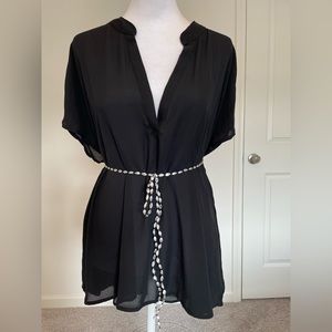 V neck top, extended shoulder blouse